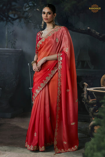 Shades Of Red Cobalt Blue Embroidered Tissue Organza Saree