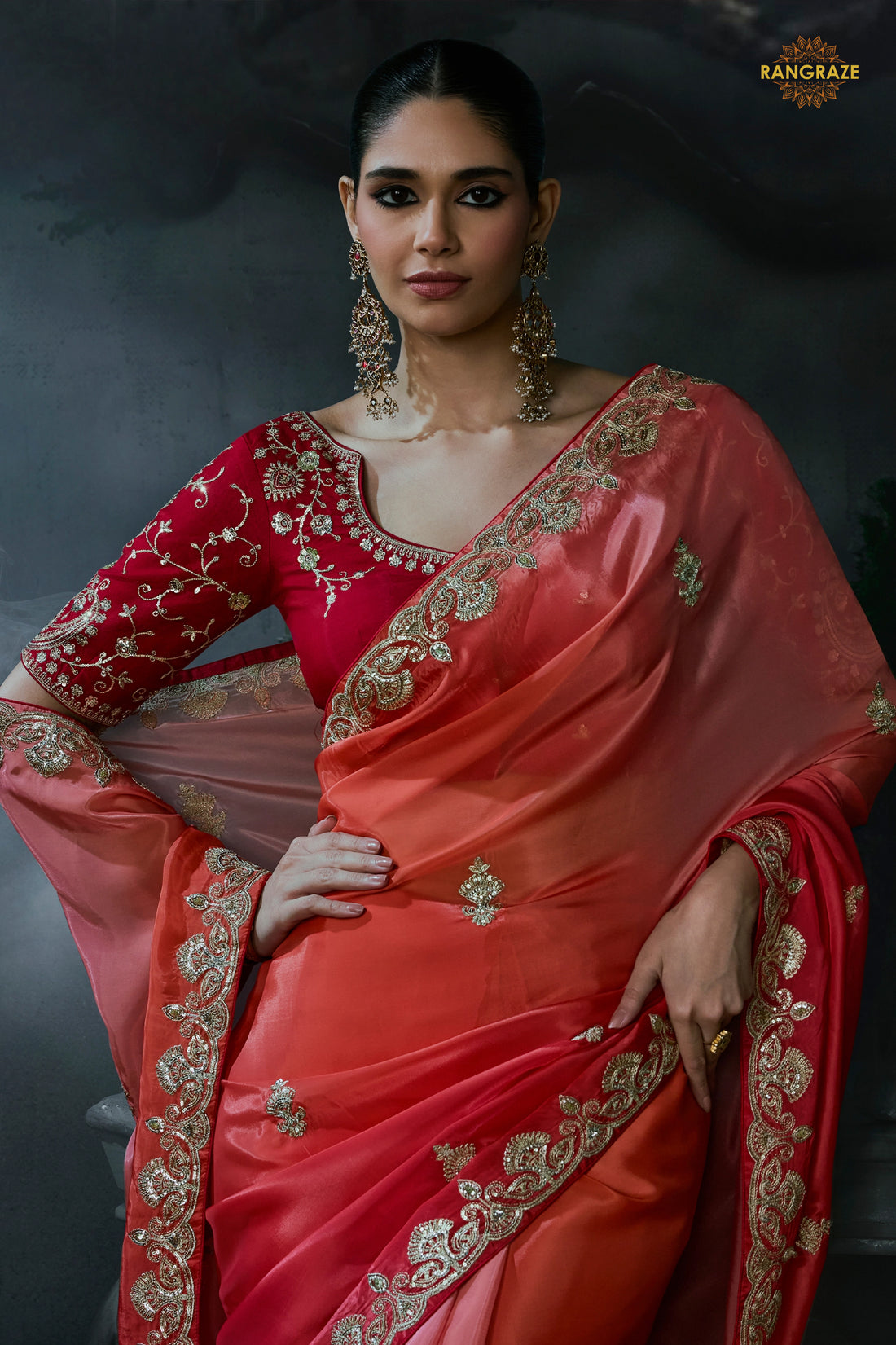 Shades Of Red Cobalt Blue Embroidered Tissue Organza Saree