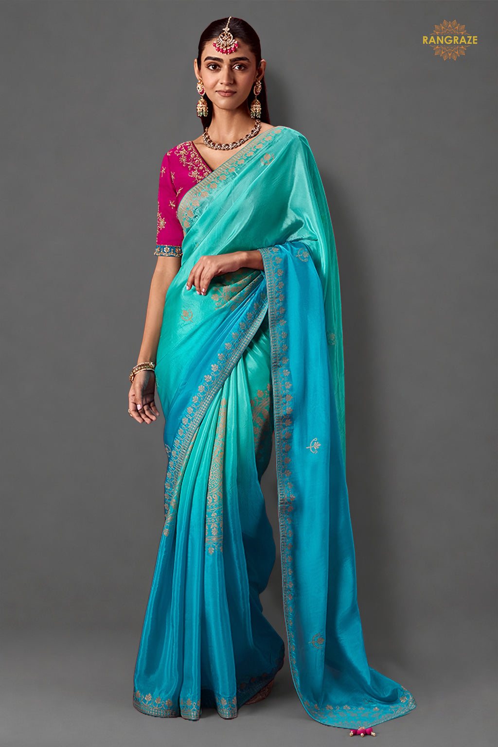 Shades of Blue Ombre Woven Dola Crape Soft Silk