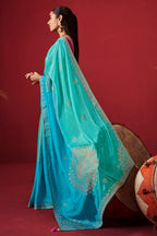 Shades of Blue Ombre Woven Dola Crape Soft Silk