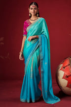 Shades of Blue Ombre Woven Dola Crape Soft Silk