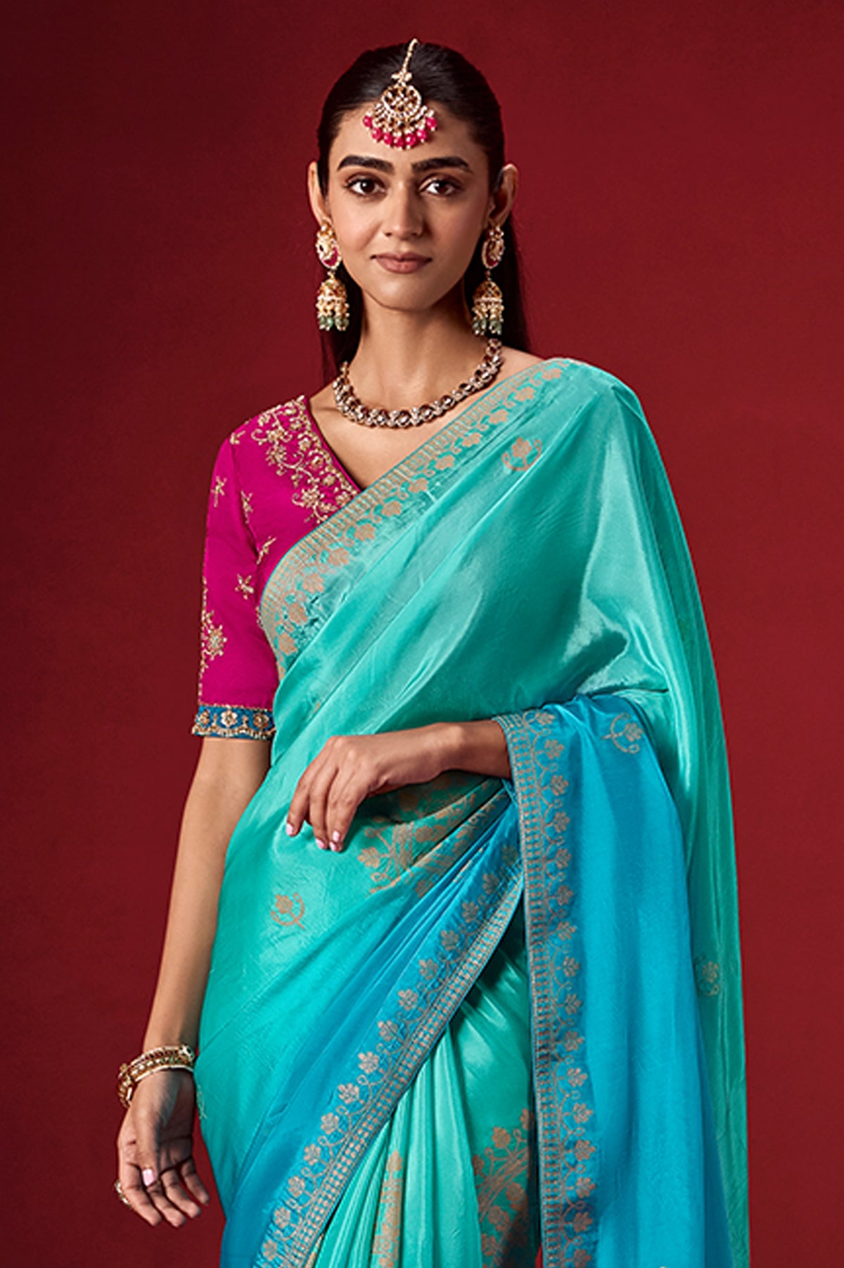 Shades of Blue Ombre Woven Dola Crape Soft Silk