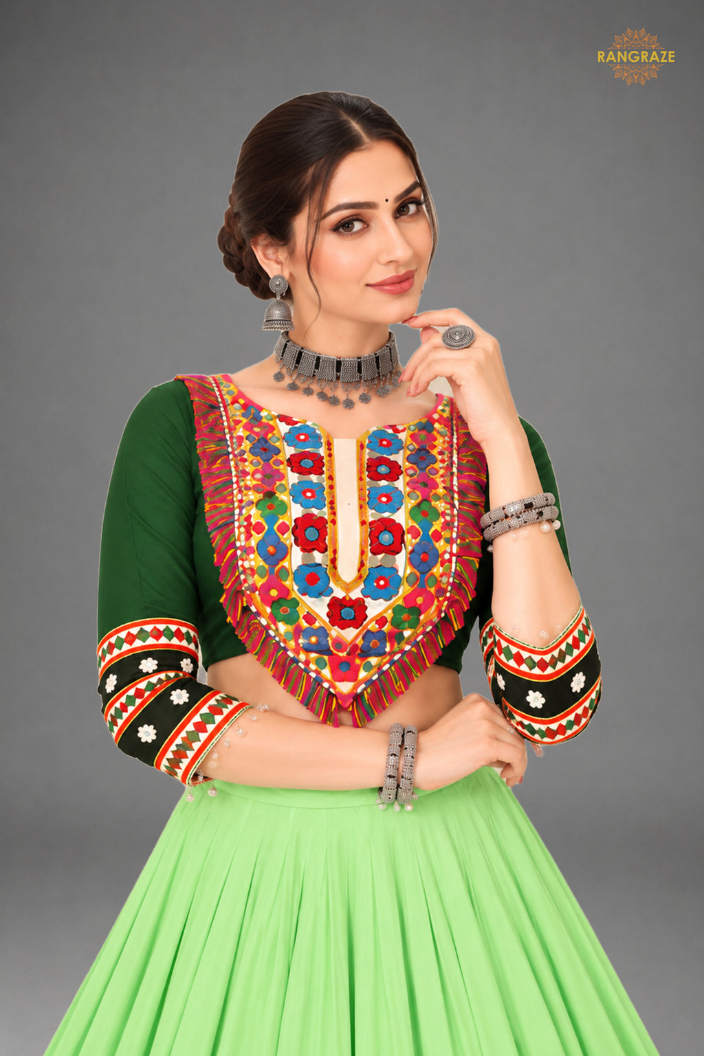 Shades of Green Stitched Embroidered Rayon Cotton Lehenga Choli Set