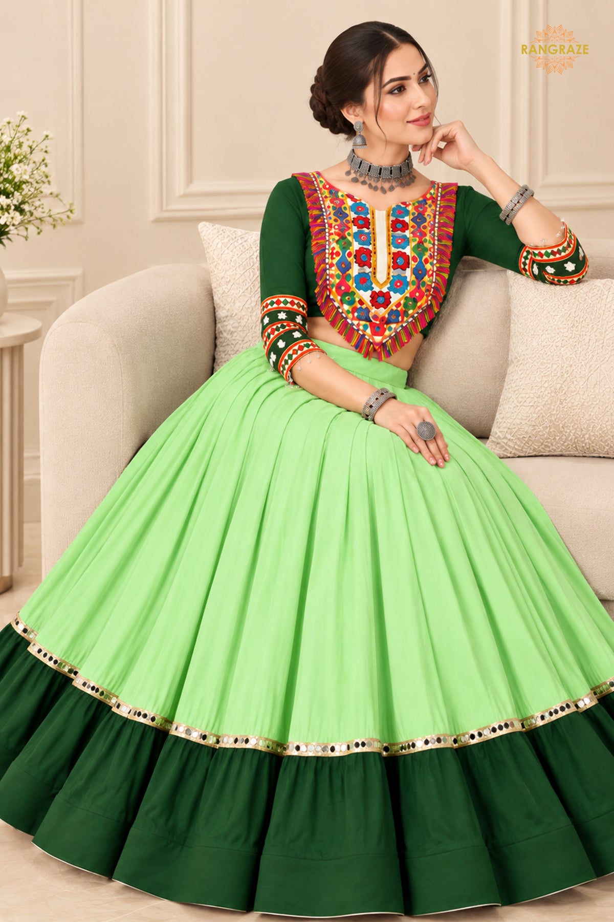 Shades of Green Stitched Embroidered Rayon Cotton Lehenga Choli Set