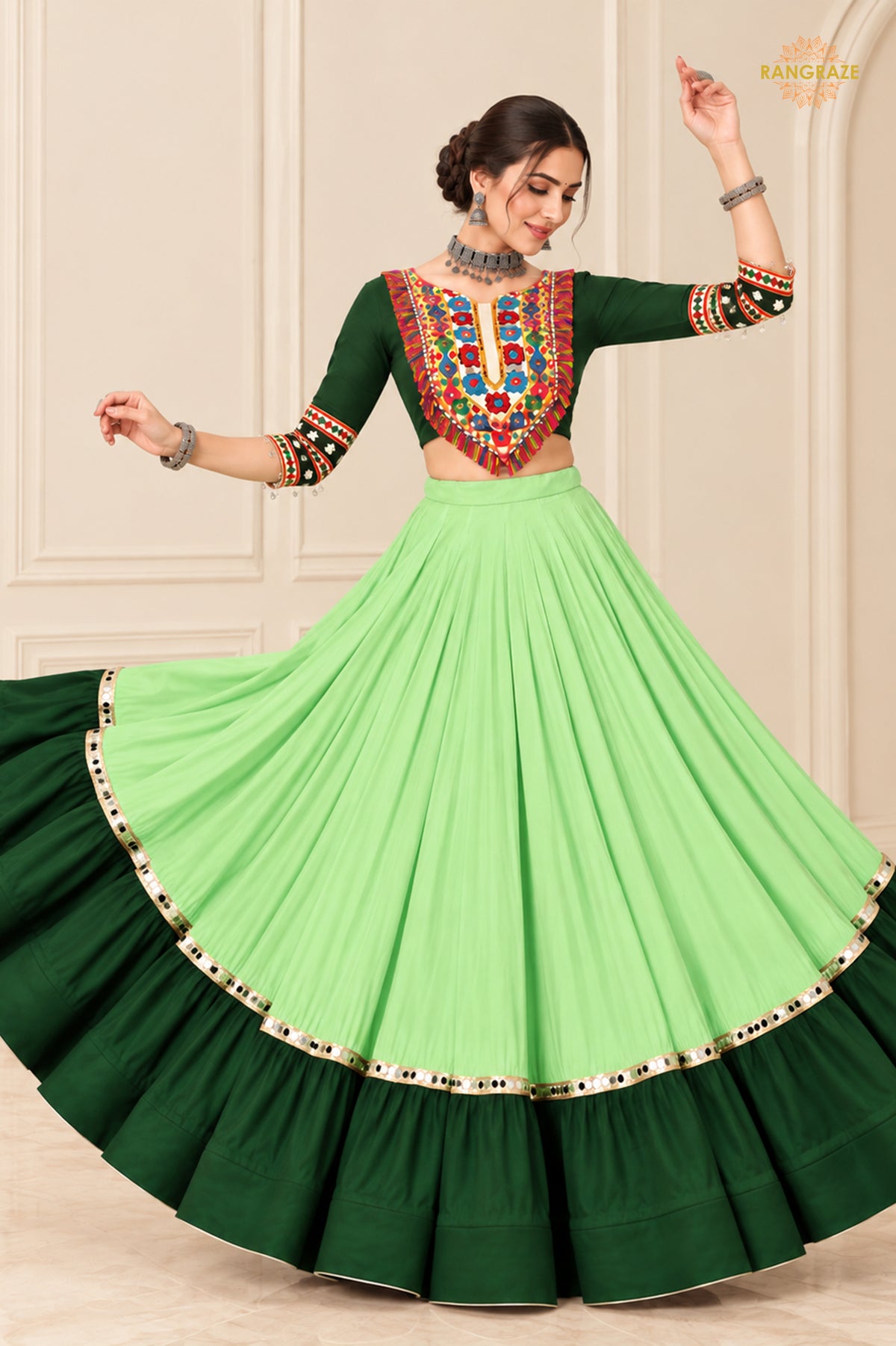 Shades of Green Stitched Embroidered Rayon Cotton Lehenga Choli Set