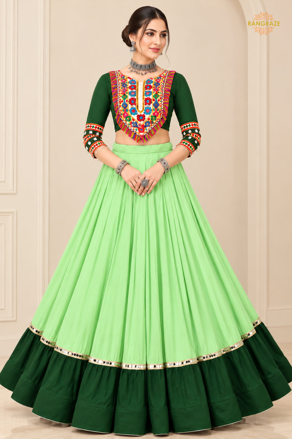 Shades of Green Stitched Embroidered Rayon Cotton Lehenga Choli Set