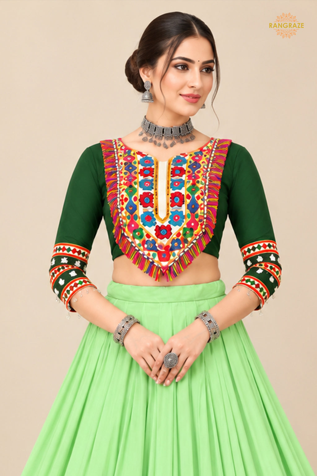 Shades of Green Stitched Embroidered Rayon Cotton Lehenga Choli Set