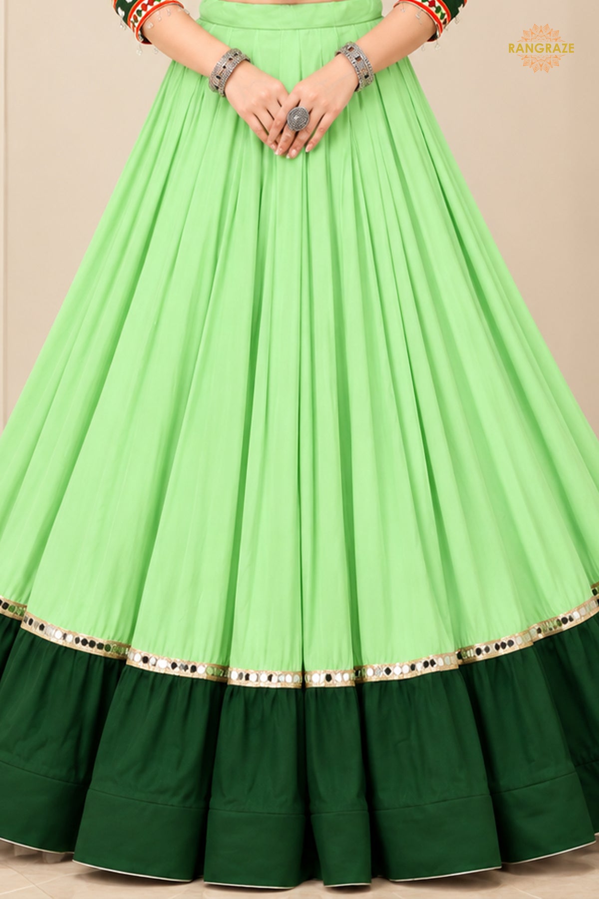 Shades of Green Stitched Embroidered Rayon Cotton Lehenga Choli Set