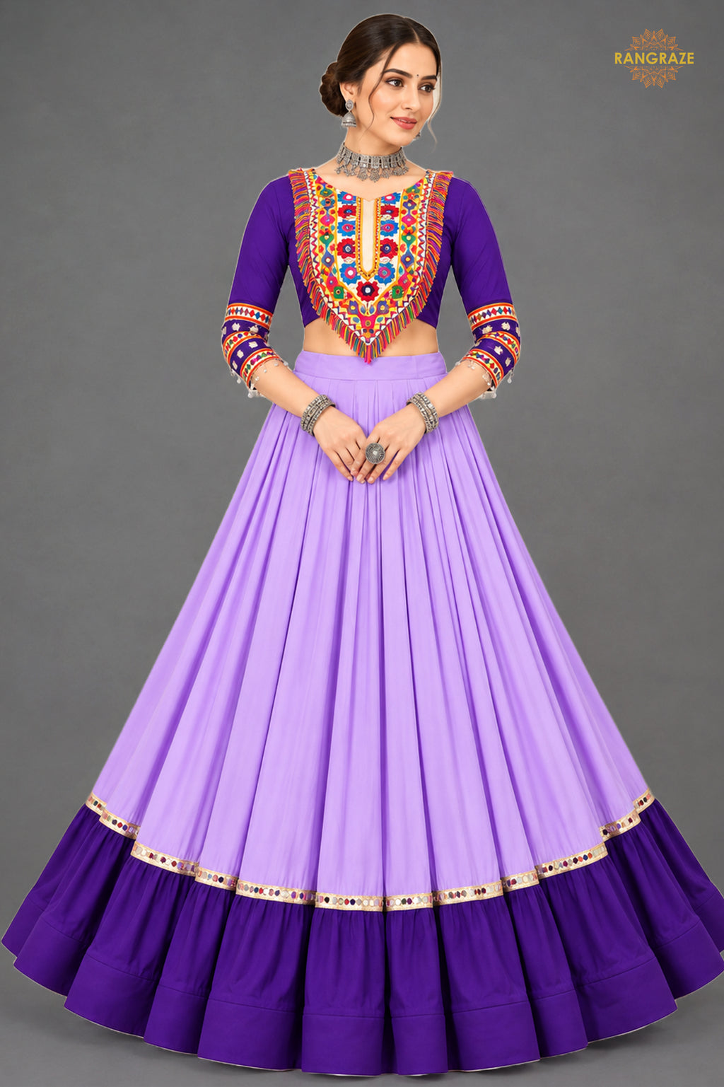 Shades of Purple Stitched Embroidered Rayon Cotton Lehenga Choli Set