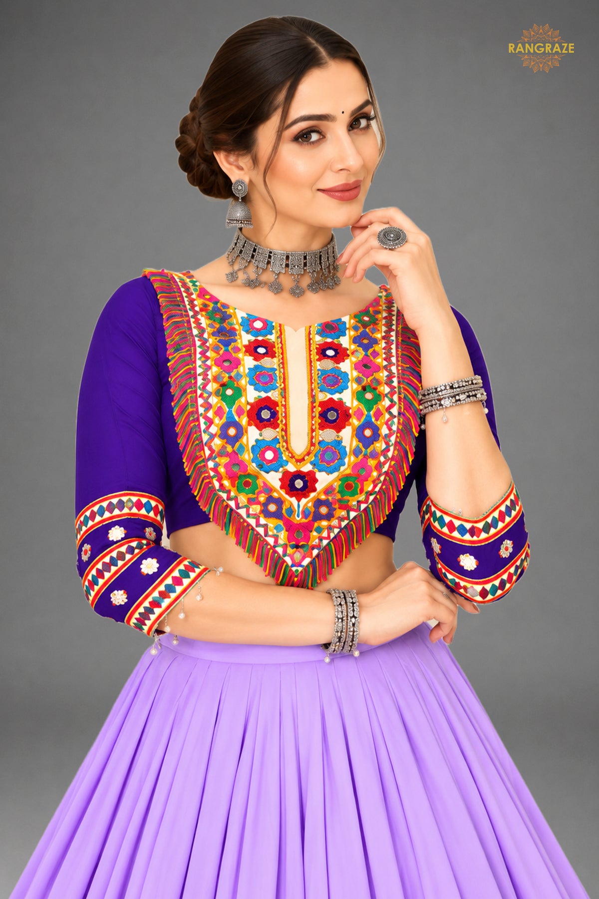 Shades of Purple Stitched Embroidered Rayon Cotton Lehenga Choli Set