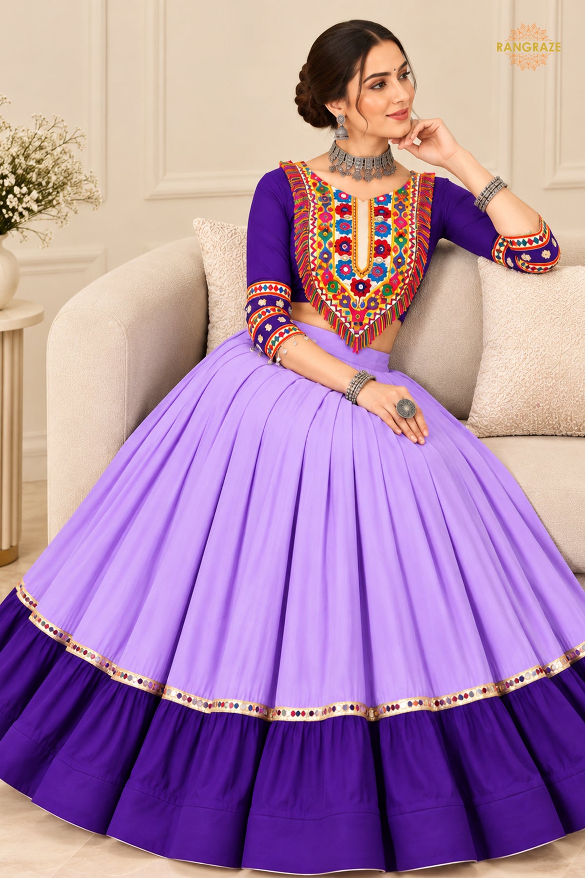 Shades of Purple Stitched Embroidered Rayon Cotton Lehenga Choli Set