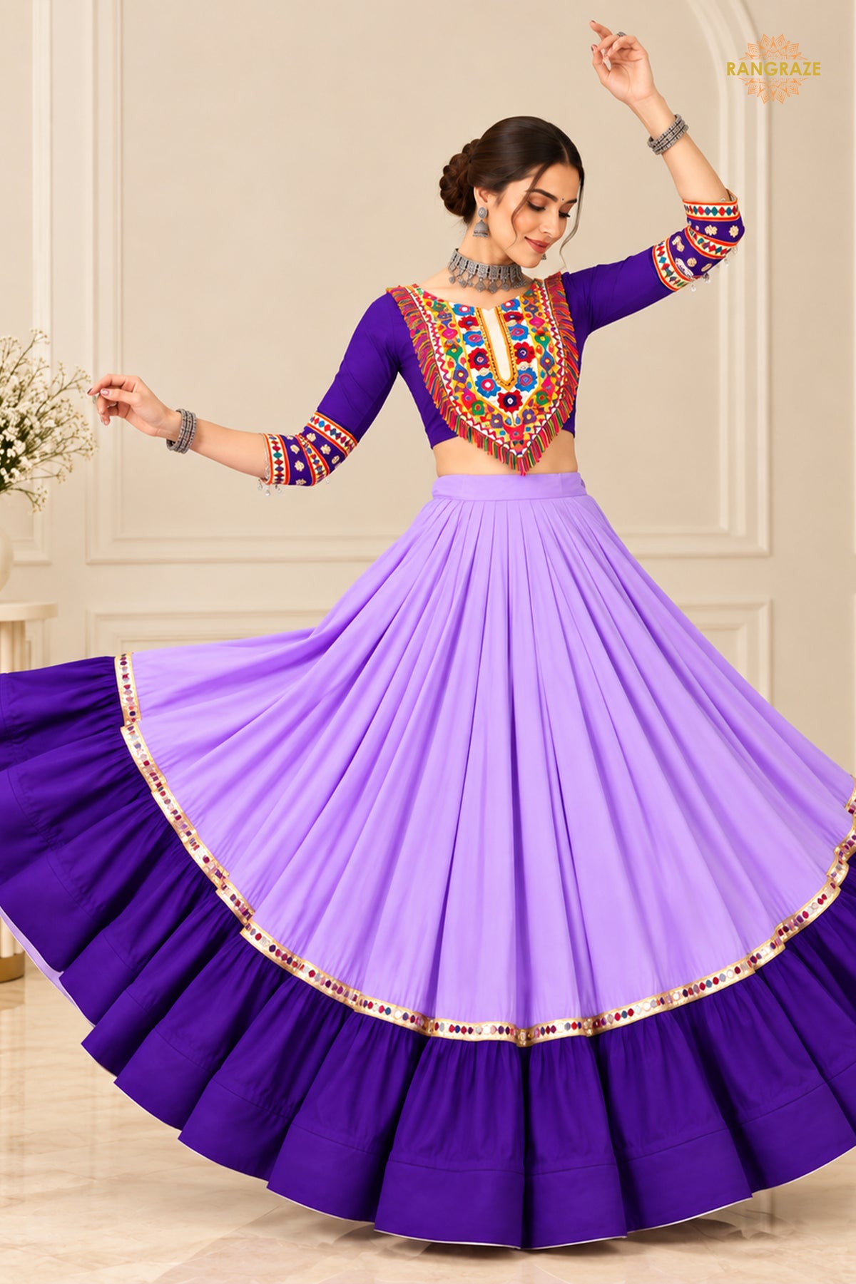 Shades of Purple Stitched Embroidered Rayon Cotton Lehenga Choli Set