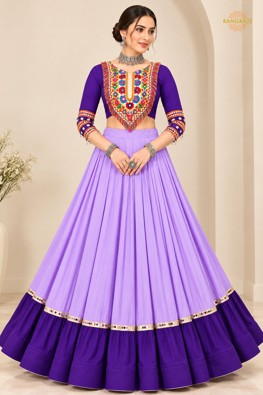 Shades of Purple Stitched Embroidered Rayon Cotton Lehenga Choli Set