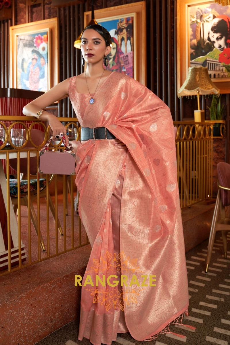 Classy Peach Woven Banarasi Textured Silk Saree