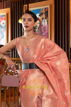 Classy Peach Woven Banarasi Textured Silk Saree