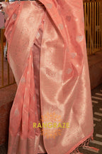 Classy Peach Woven Banarasi Textured Silk Saree