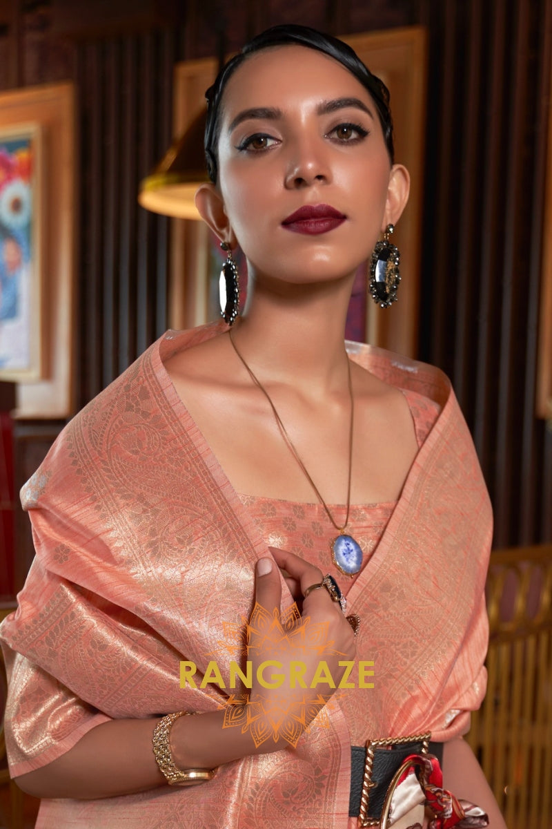 Classy Peach Woven Banarasi Textured Silk Saree