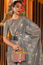 Classy Grey Woven Banarasi Textured Silk Saree