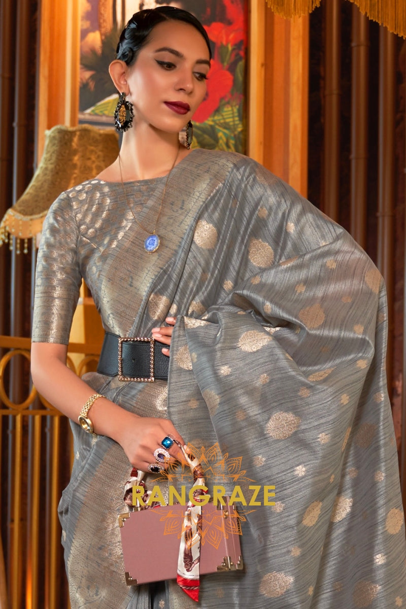Classy Grey Woven Banarasi Textured Silk Saree