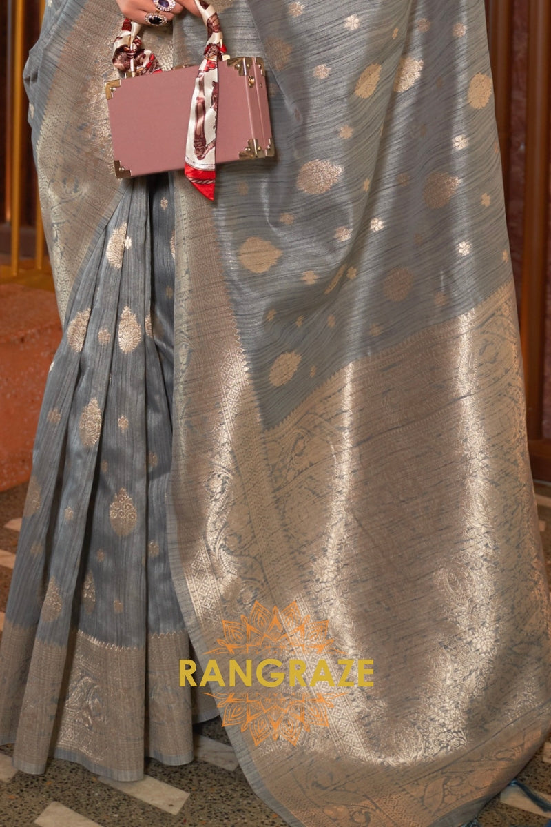 Classy Grey Woven Banarasi Textured Silk Saree