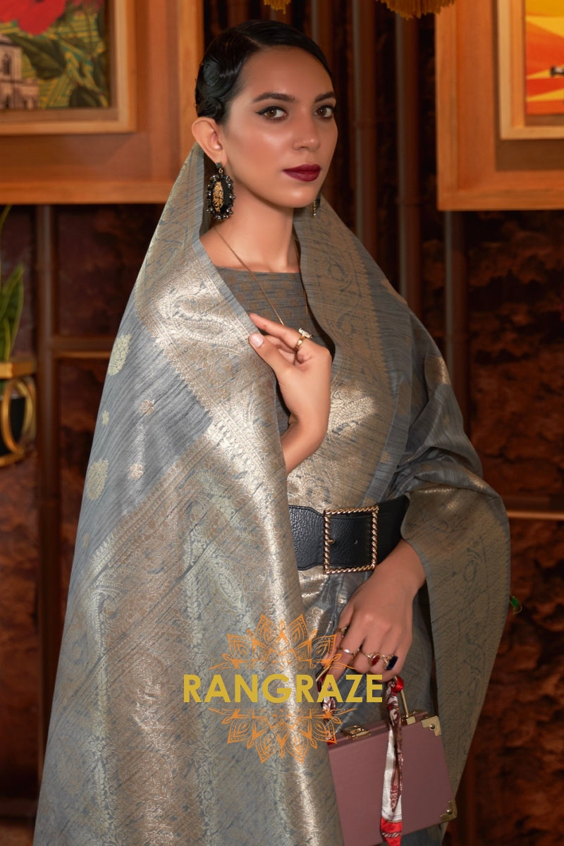 Classy Grey Woven Banarasi Textured Silk Saree