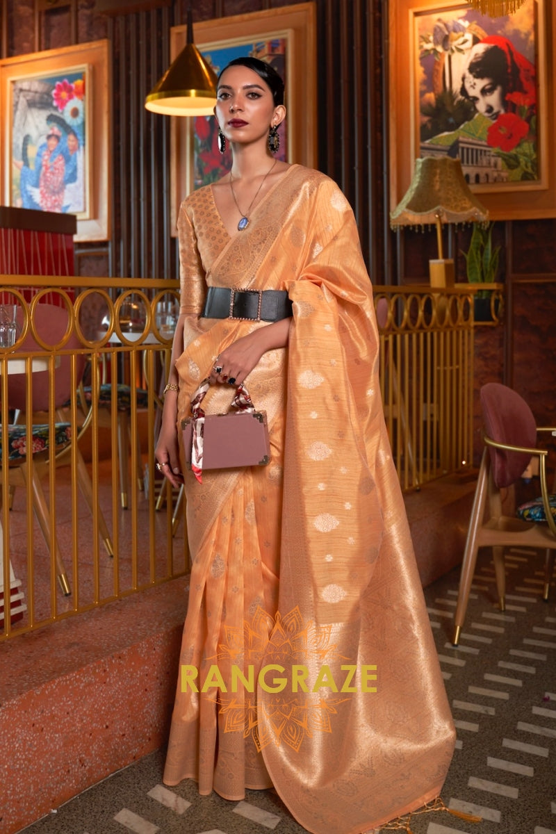 Classy Orange Woven Banarasi Textured Silk Saree