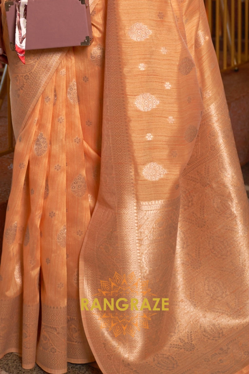 Classy Orange Woven Banarasi Textured Silk Saree