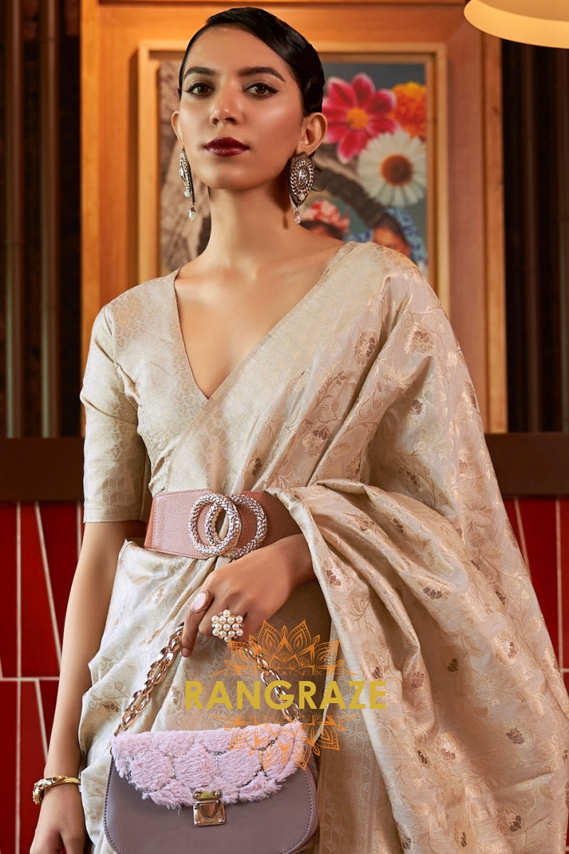 Heritage Beige Handloom Woven Banarasi Silk Saree