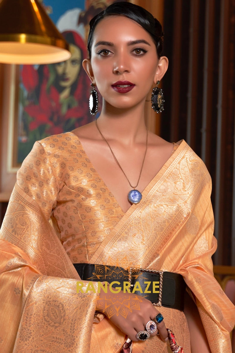 Classy Orange Woven Banarasi Textured Silk Saree