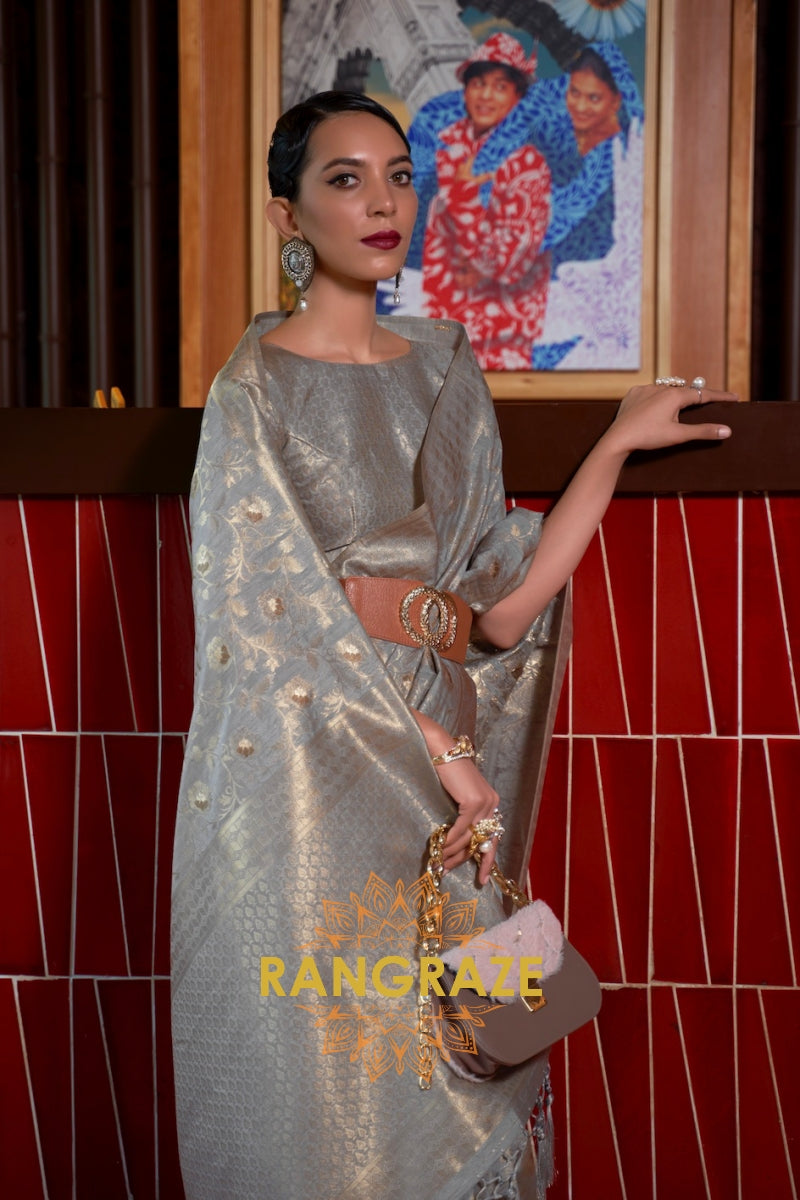 Heritage Grey Handloom Woven Banarasi Silk Saree