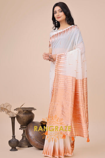 Ivory Copper Zari Woven Linen Cotton Saree
