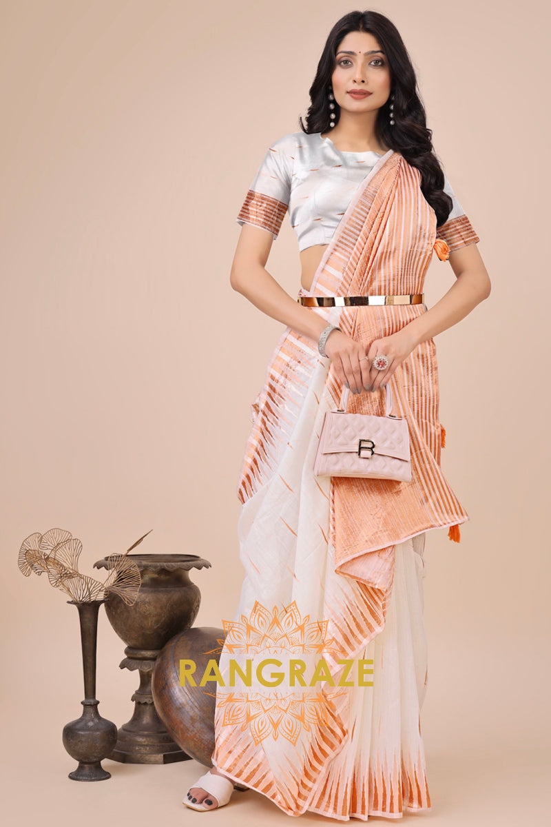 Ivory Copper Zari Woven Linen Cotton Saree