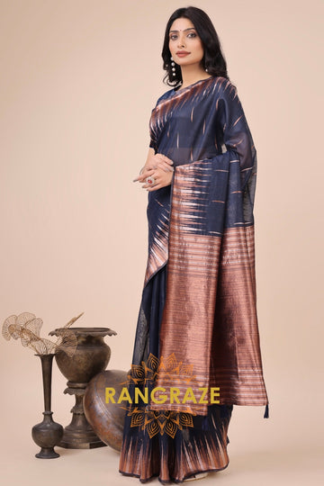 Midnight Copper Zari Woven Linen Cotton Saree