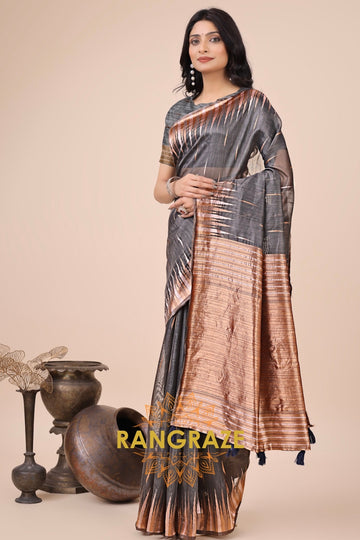 Charcoal Zari Woven Linen Cotton Saree