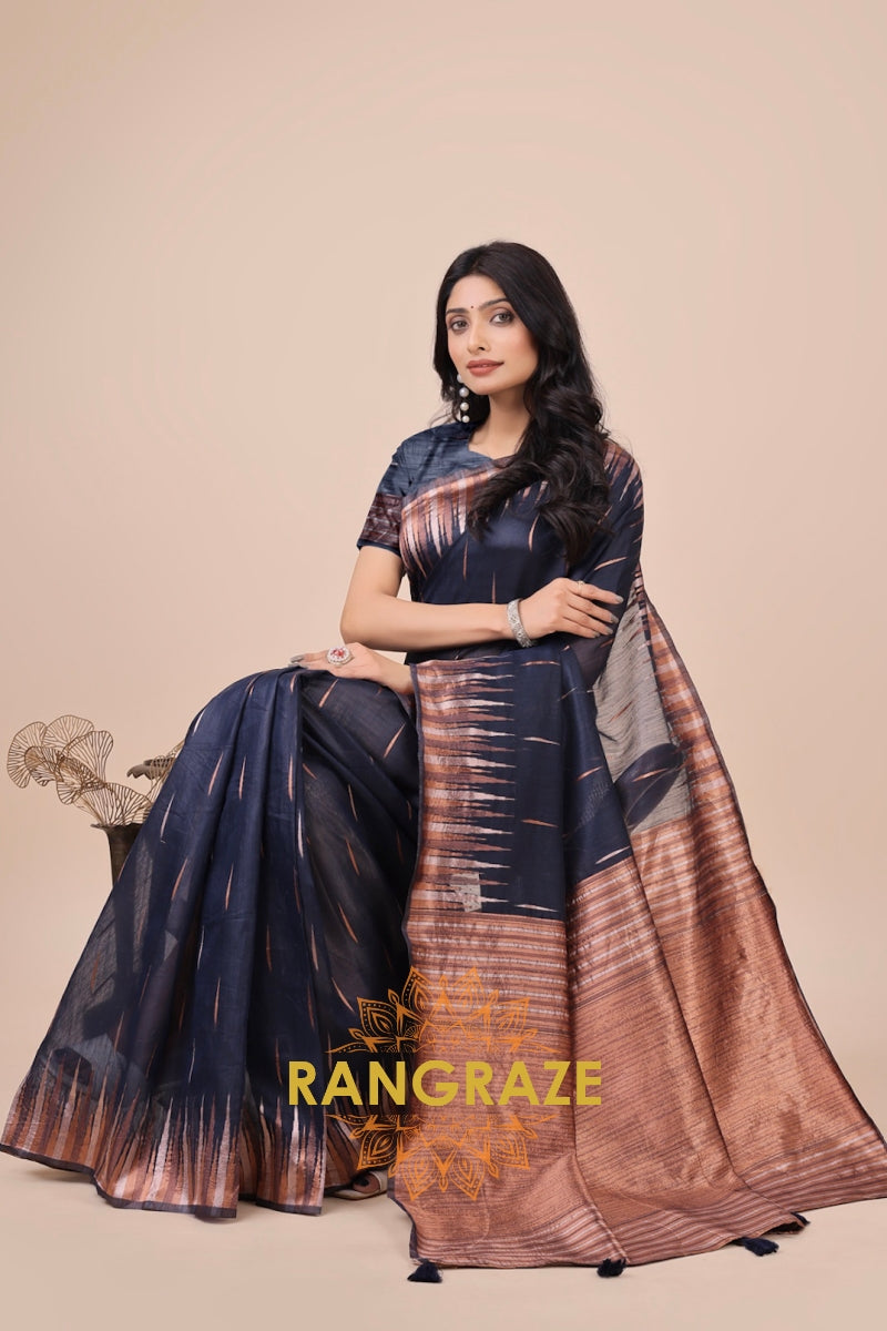 Midnight Copper Zari Woven Linen Cotton Saree