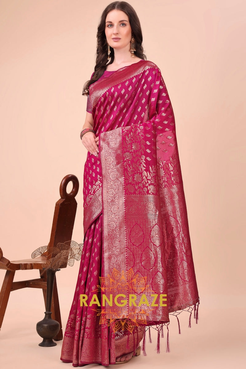 Rani Pink Zari Woven Banarasi Silk Saree