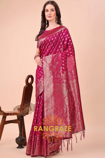 Rani Pink Zari Woven Banarasi Silk Saree