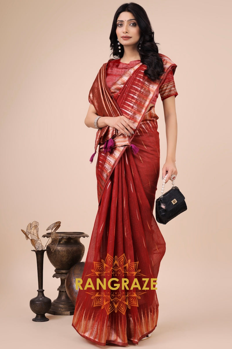 Scarlet Flame Zari Woven Linen Cotton Saree