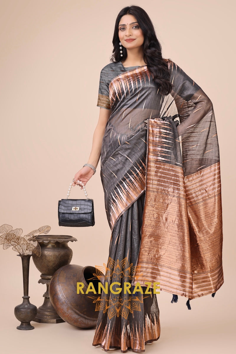 Charcoal Zari Woven Linen Cotton Saree