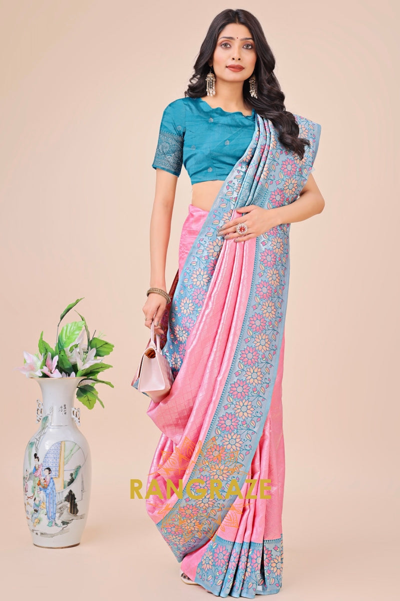 Candy Pink & Aqua Blue Zari Woven Banarasi Silk Saree