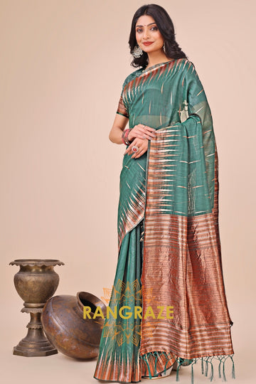 Emerald Green Striped Zari Woven Linen Cotton Saree