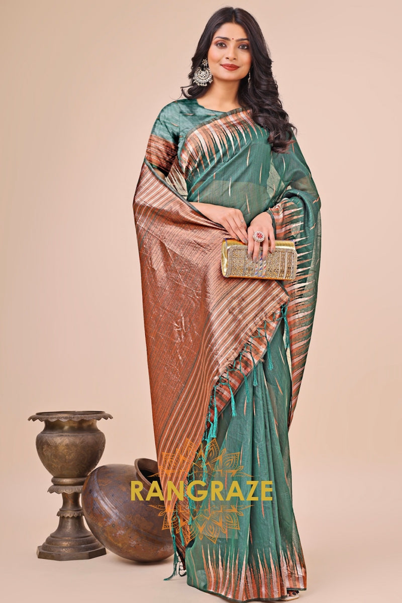 Emerald Green Striped Zari Woven Linen Cotton Saree