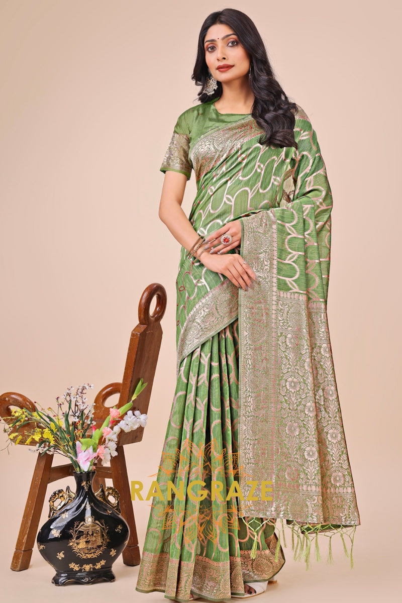 Pistachio Green Zari Woven Banarasi Cotton Saree