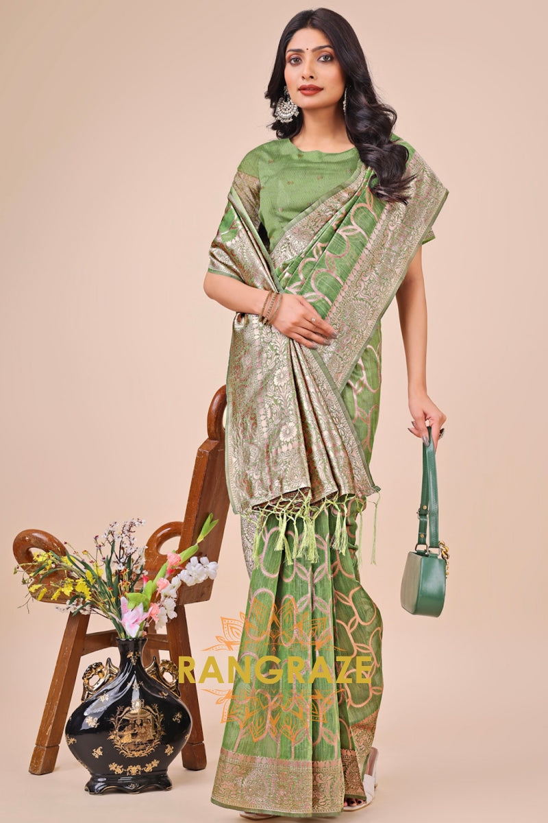 Pistachio Green Zari Woven Banarasi Cotton Saree