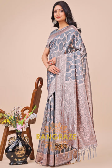 Slate Grey Orb Woven Banarasi Cotton Saree