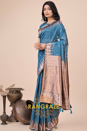Teal Zari Woven Linen Cotton Saree