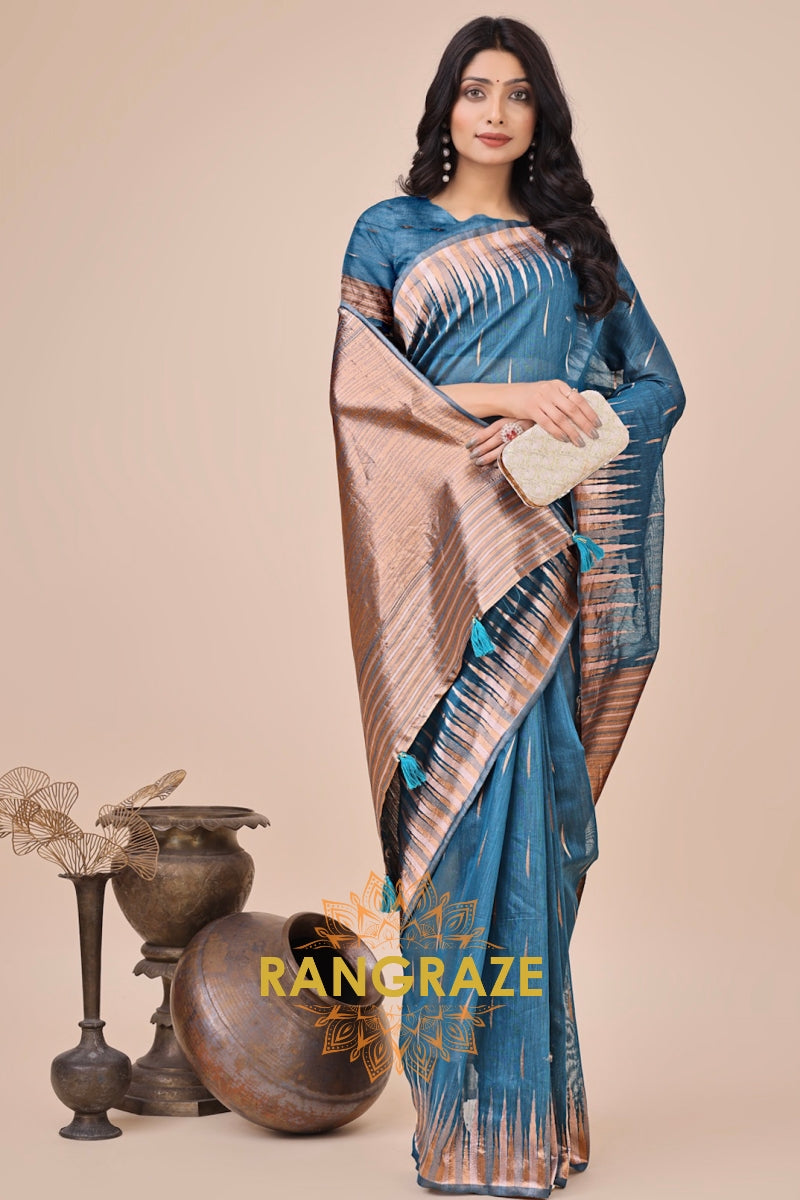 Teal Zari Woven Linen Cotton Saree