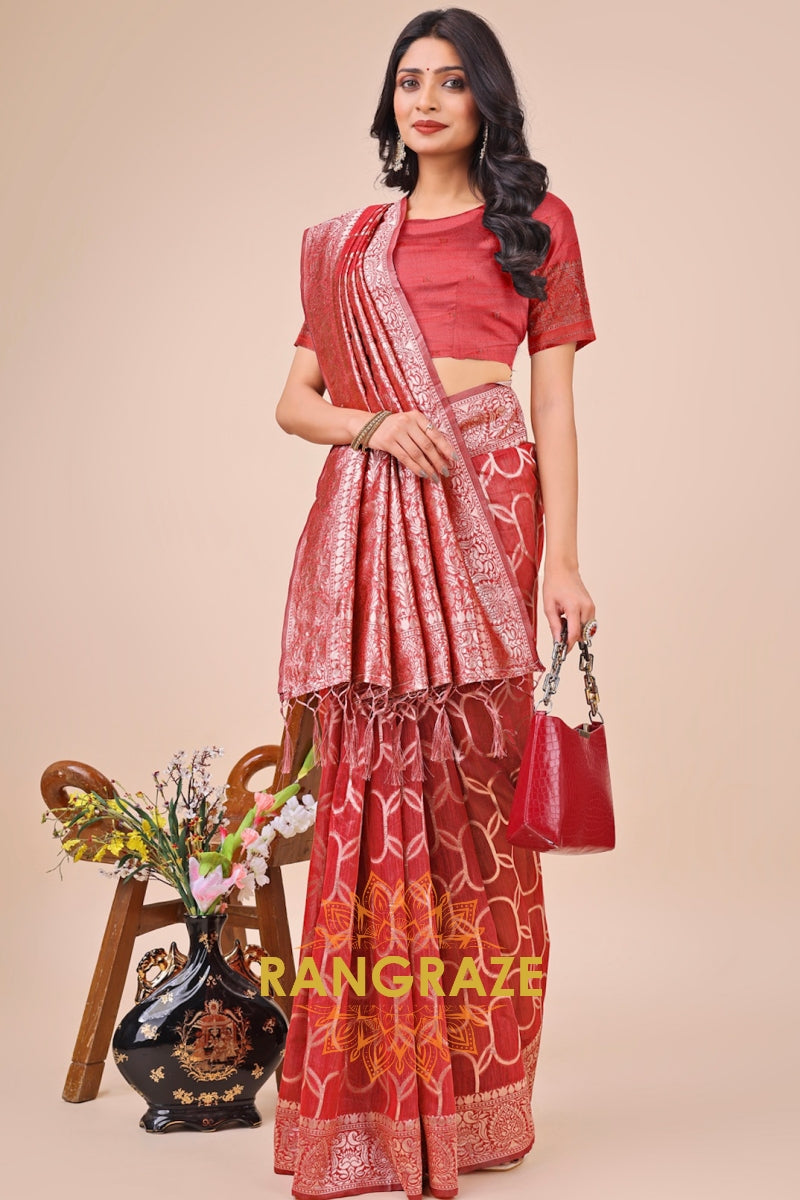 Crimson Orb Woven Banarasi Cotton Saree