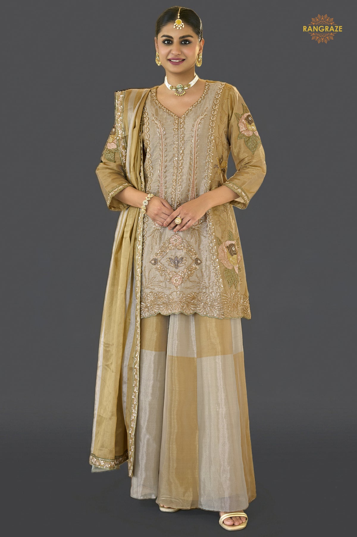 Silver And Gold Stitched Bead Work Palazzo Suit