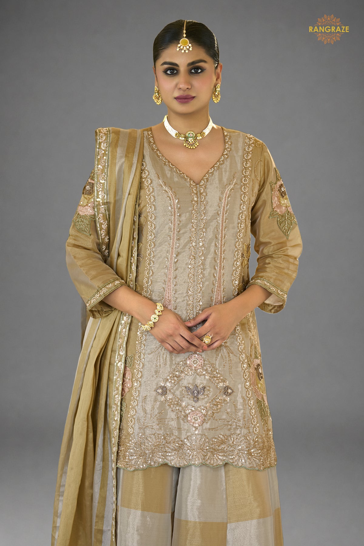Silver And Gold Stitched Bead Work Palazzo Suit